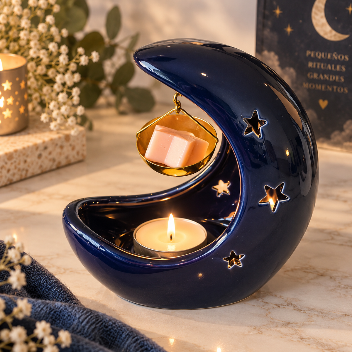 Quemador colgante con forma de luna creciente azul