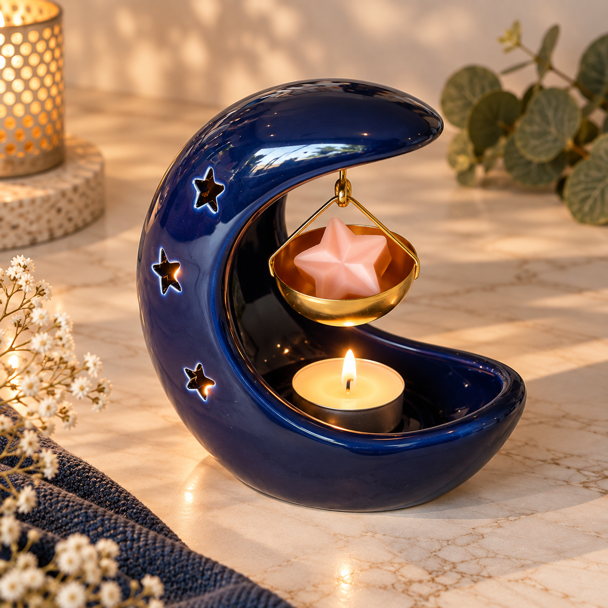 Quemador colgante con forma de luna creciente azul